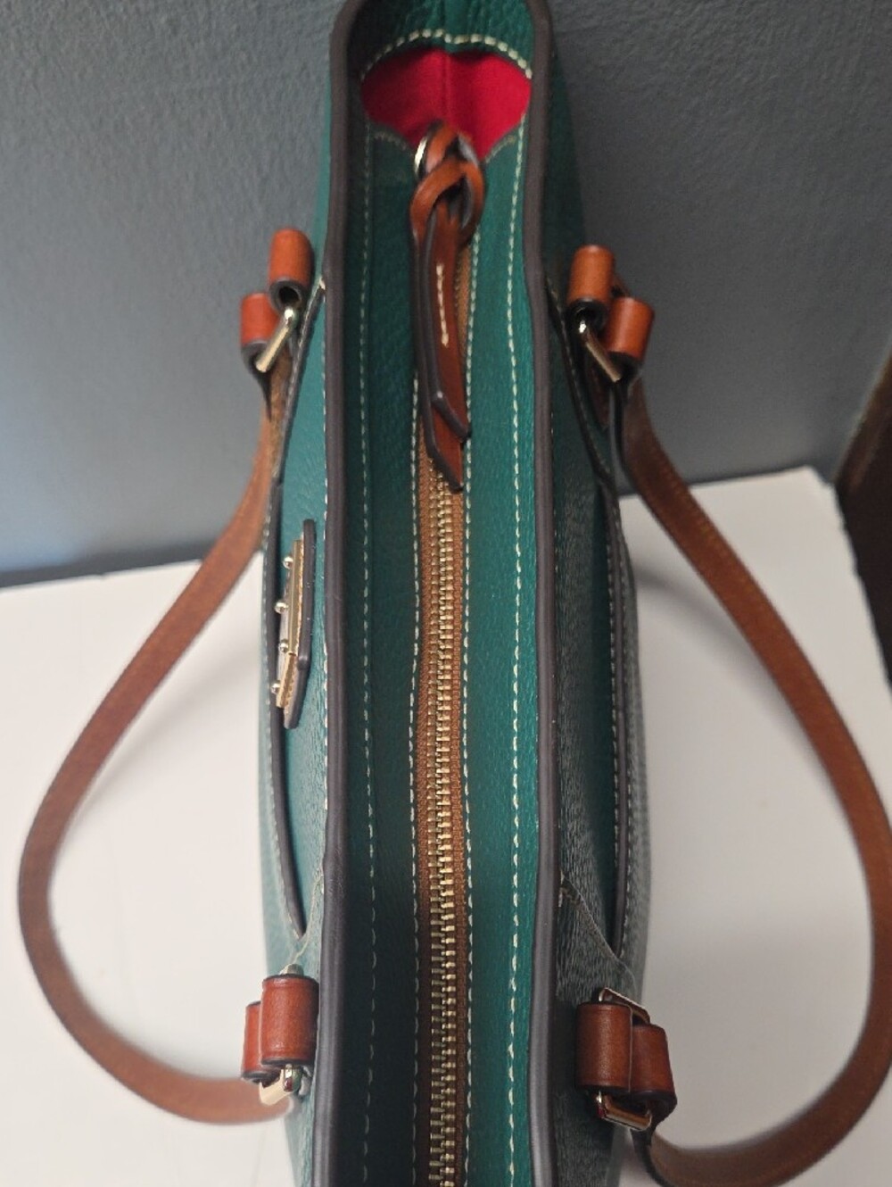 Dooney & Bourke Green Pebble Leather Tote with Brown Straps - Picture 9 of 12